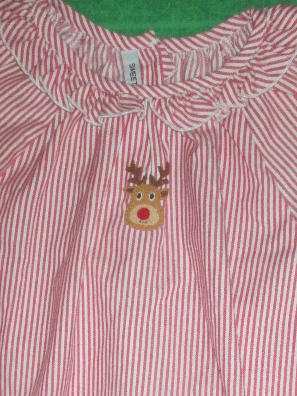 Sweet Dreams Red Striped Girls Nightgown with Embroidered Reindeer Size 6